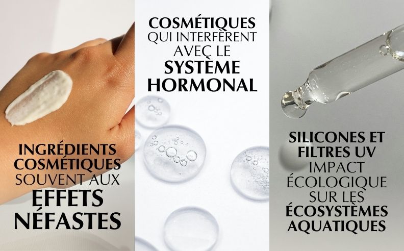 Un triptyque avec des mots clé sur les controverses des ingrédients de la cosmétique